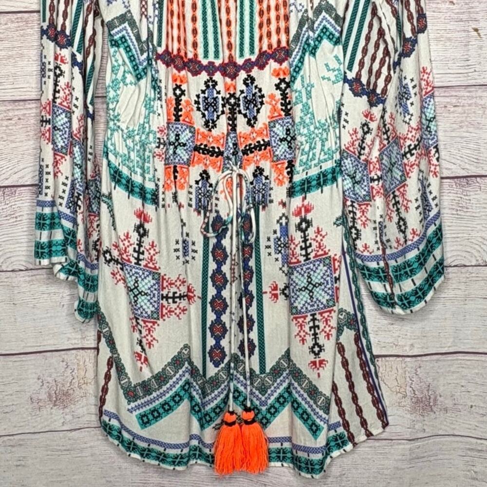Hemant & Nandita Boho Off Sholder Embroidered Tassel Smocked Mini Dress Medium - Picture 5 of 15